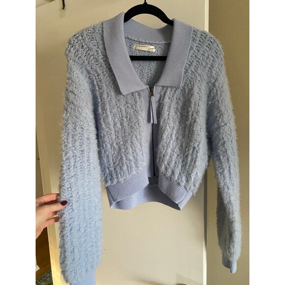 By Anthropologie Zip-Up Brushed Fuzzy Sweater Cardigan Sky Blue Size Small EUC - Picture 3 of 12
